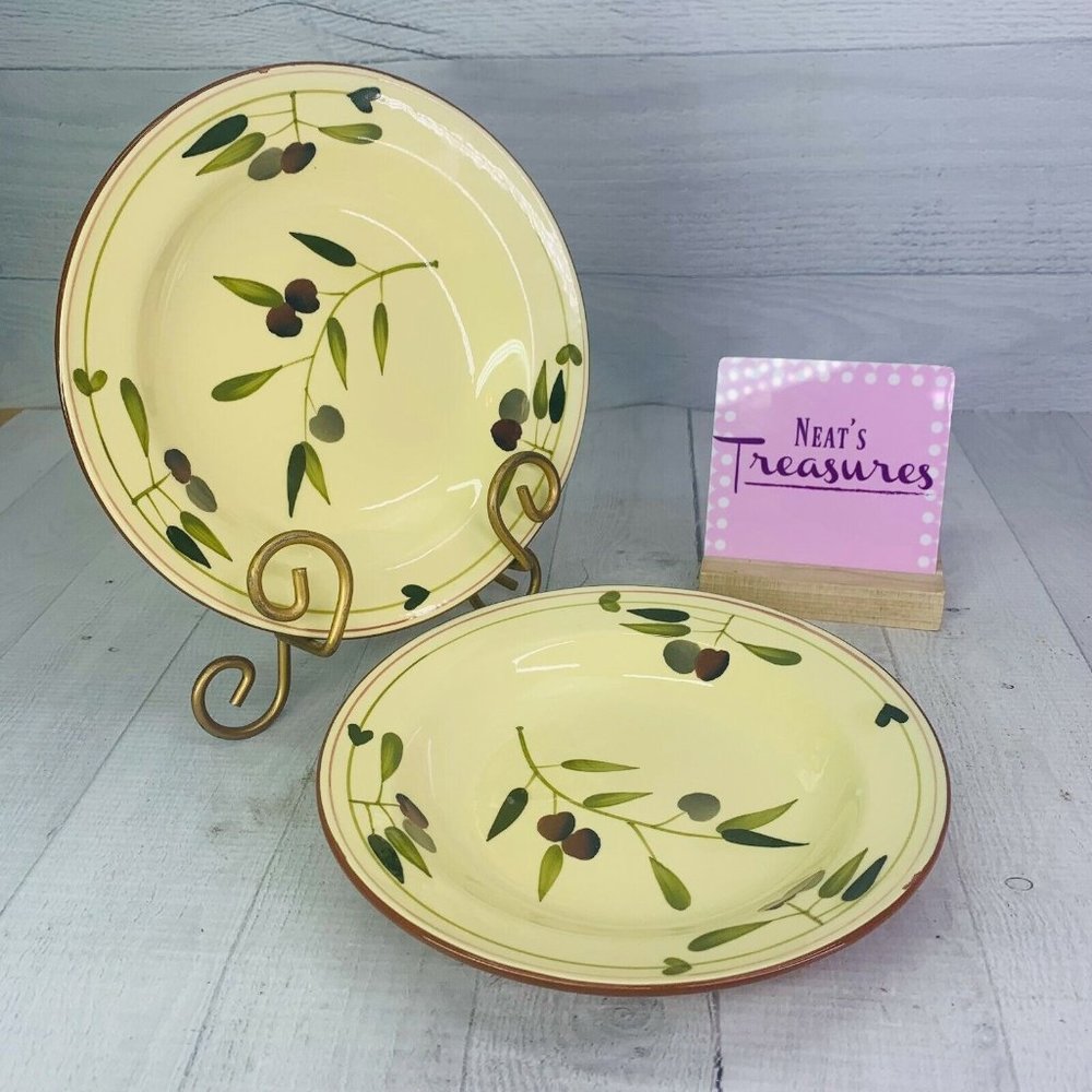 Home TERRA COTTA OLIVE BRANCH Purple Green Yellow Rim Soup Cereal Bowls Set 2
